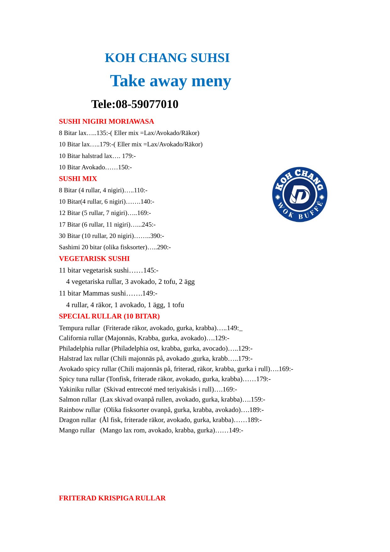 Koh Chang Buffé · Upplands Väsby – Take away-meny, sida 1