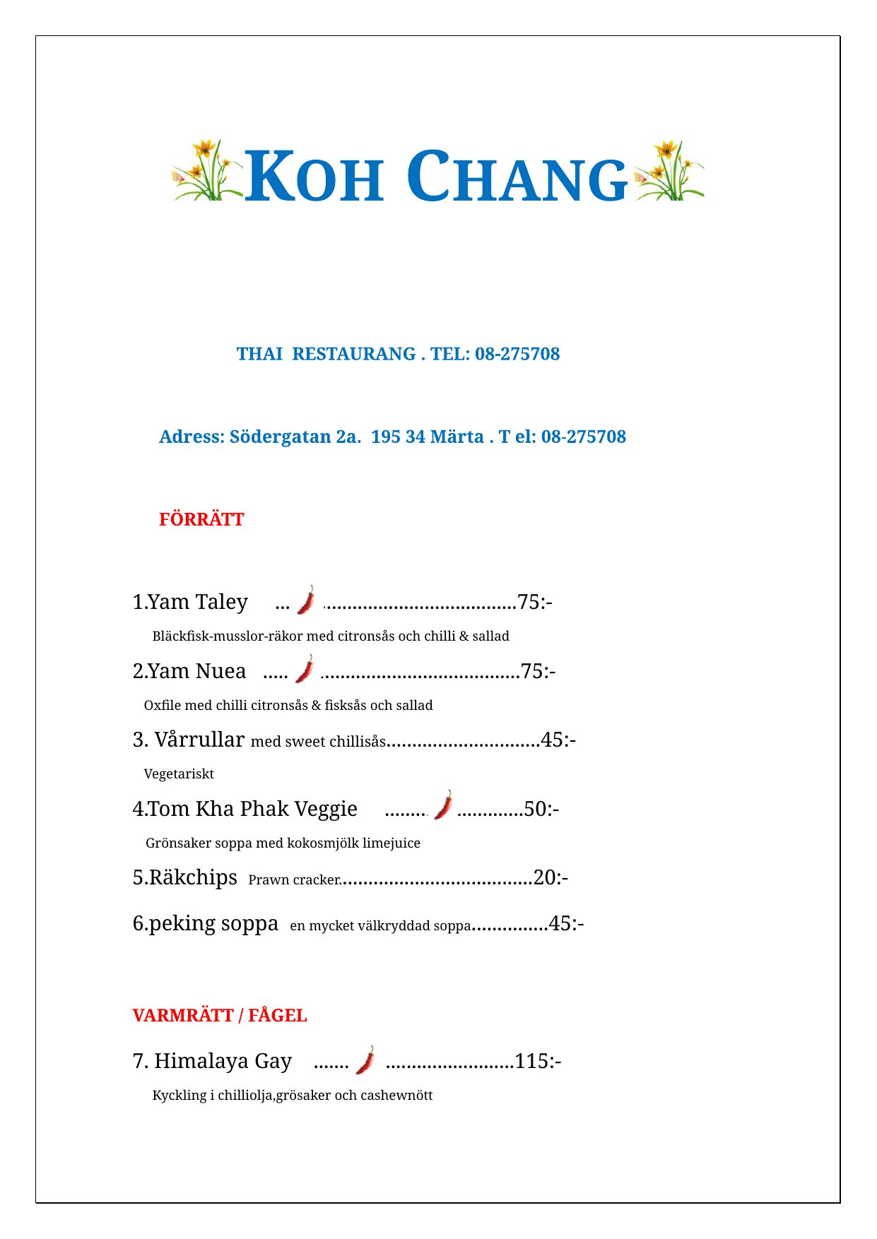 Koh Chang Restaurang · Märsta – Meny, sida 1